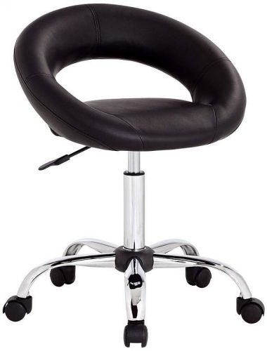 Adjustable Height Rolling Stool Seat Office Bar Five Wheels Black Faux Leather