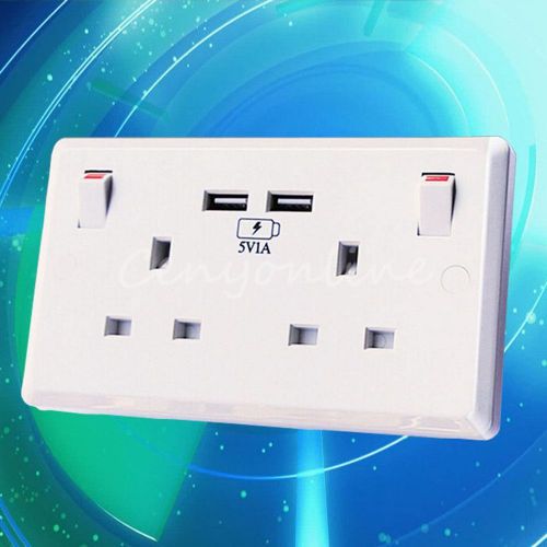 UK Mains Power Wall Socket 13A 250V 2 USB Charging Ports Connection Plate Plug