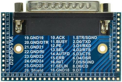 DB25 Male Printer Port Breakout Board, adapter, (Male)  eLabGuy D25-M-BO-V1A
