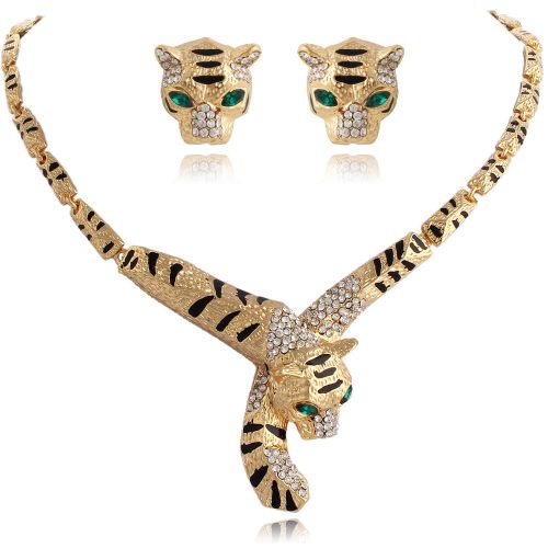 Fashion Wild Tiger King Golden Necklace Earring Set Rhinestone Crystal