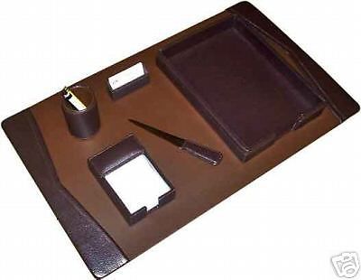 6 pc Brown Genuine Leather Desk Set pad pen card holder