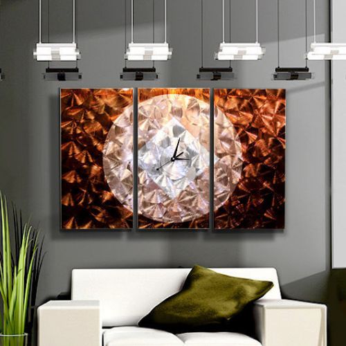 Metal hand painting modern abstract wall dark walnut silver large clock artwork for sale