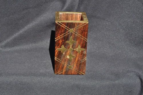 Brass Inlaid Wood Pencil Cup Holder, Teak? Cocobolo?  Made in India