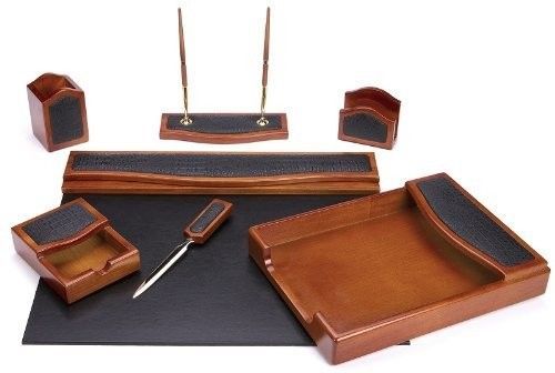 Seven Piece Black Oak Wood Desk Accessories Set Professional Office Supplies NEW