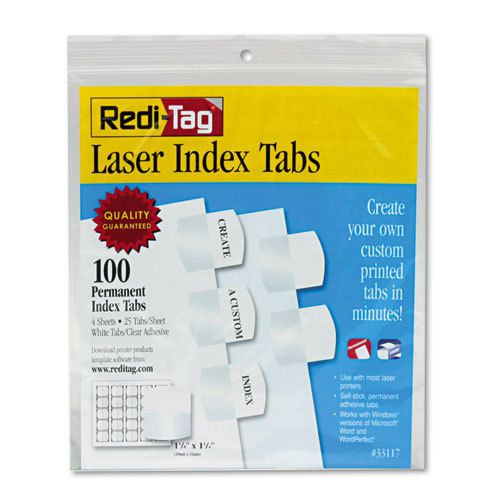 Laser Printable Index Tabs, 1 1/8 Inch, White, 100/Pack