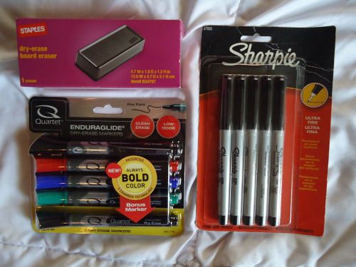 Lot of 3 quartet enduraglide dry erase markers ultra fine sharpie set &amp; eraser for sale