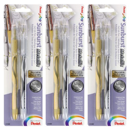 Pentel Arts Sunburst Metallic Gel Ink Pens Medium Line Gold &amp; Silver Ink, 6/Pack