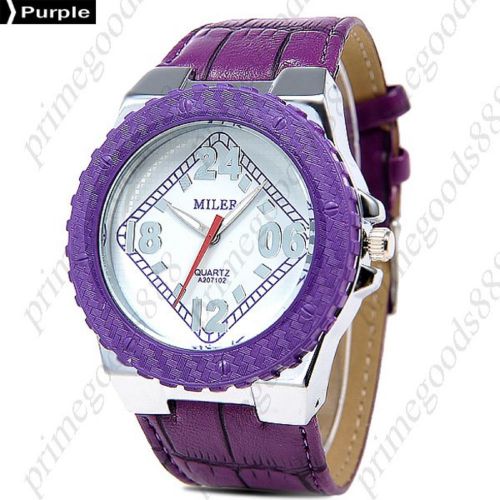 Round Case Bezel PU Leather Quartz Wrist Lady Ladies Wristwatch Women&#039;s Purple
