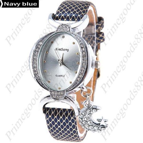 Round Rhinestones Charm PU Leather Ladies Quartz Wristwatch Women&#039;s Navy Blue