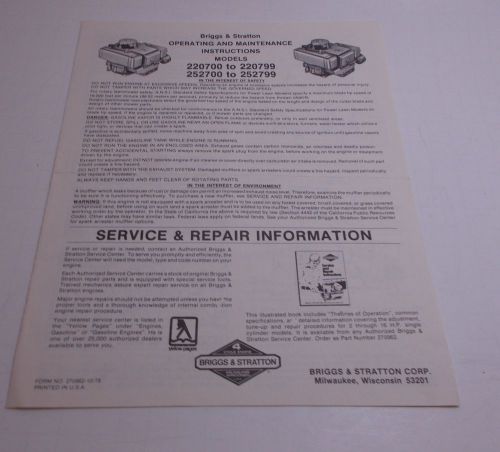 Briggs &amp; Stratton Operating Instructions &amp; Maintenance 220700 to 220799, 252700