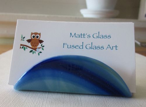 Business Card Holder Round Shape, Fused Glass in Shades of Blue with Green