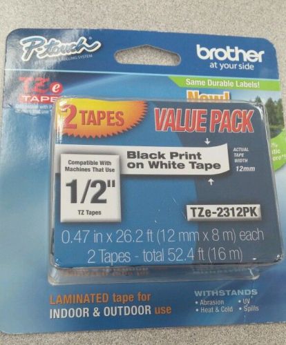 NEW Genuine Brother P-Touch TZe-2312PK  1/2&#034; Black Print on White Tape - 2 pack