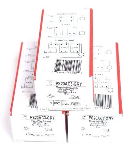 LOT OF 3 NEW PASS &amp; SEYMOUR PS20AC3-GRY 3-WAY SWITCHES 20A 120/277VAC GRAY