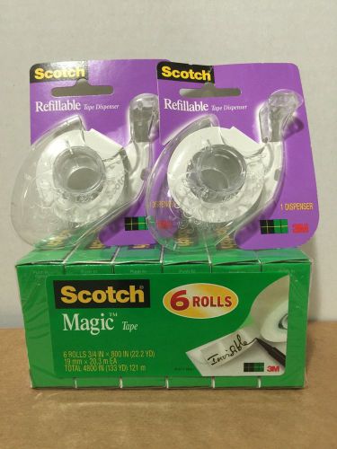 Scotch 3M Magic Tape 6 Rolls, 3/4&#034; x 800&#034; and 2 Refillable Dispenser, Brand New