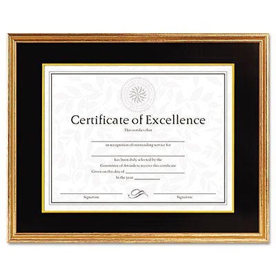 Hardwood Document/Certificate Frame w/Mat, 11 x 14, 8 1/2 x 11, Antiqued Gold
