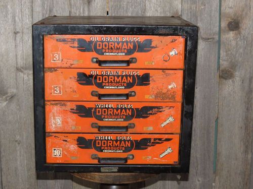 Vintage dorman 4 drawer industrial metal advertising cabinet garage display for sale