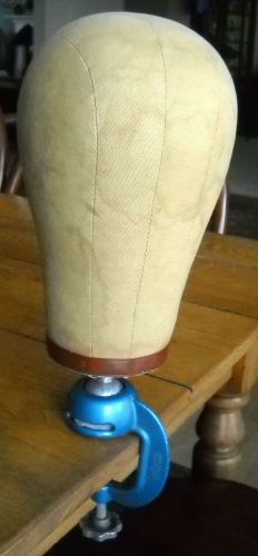 VINTAGE CANVAS WIG/HAT FORM ON TABLE-MOUNT CLAMP BASE