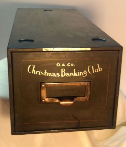 VINTAGE CARD CATALOG DRAWER GREEN ADVERTISING METAL CHRISTMAS BANKING CLUB