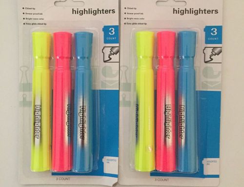 (2) 3-Pack Highlighters Neon Pink, Blue and Yellow Chisel Tip Smear Proof Ink