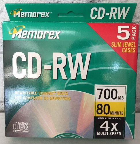 5 Pack Memorized CD-RW 700mb 80 Minute 4x Multi Speed