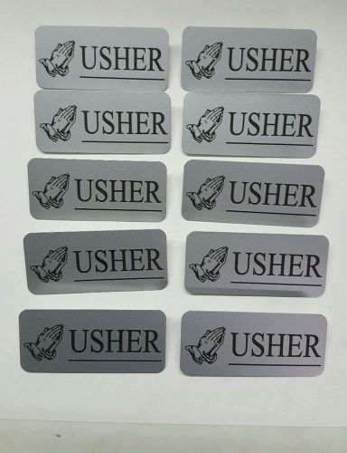 10 Silver with Black Letters Engraved Usher Name Tags Badges Pin Back