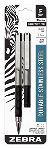 Zebra Pen Zebra F-301 Compact Stainless Steel Ballpoint Pen, 0.7mm, Black, 2