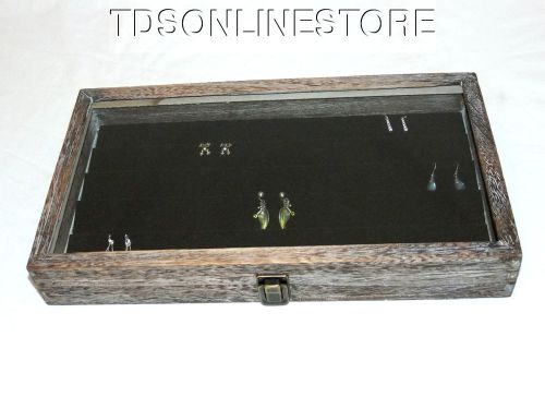 Rustic coffee brown glass top jewelry case with 90 earring black insert for sale