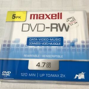 5pk Maxell DVD-RW Data Video Music Rewritable Reinscriptible 4.7 GB 120 MIN