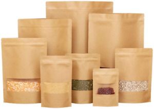 50 pcs Kraft Bags with Window Stand Up Ziplock Seal Paper Bag Resealable Large F