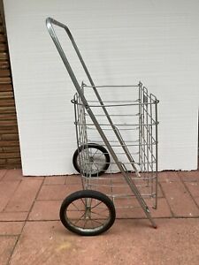 Vintage Large Metal ( 1950’s ) Rolling Shopping Cart Folding Wire Basket