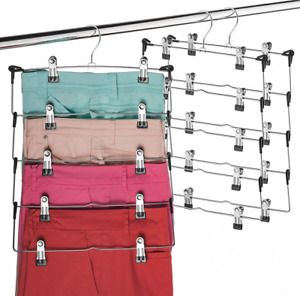 Space Saving 5 Tier Metal Skirt Hanger with Clips (3 Pack) Hang 5-on-1, Gain...