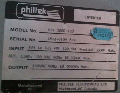 Piv 3000-120 philtek inverter in: 105 to 145 vdc nominal 120 vdc for sale