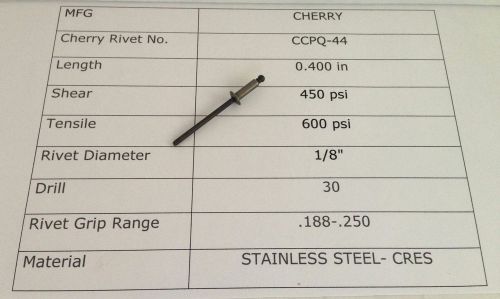 250 new! cherry 1/8&#034; stainless steel rivets - ccpq-44 - ccpq-04-04 - fastener for sale