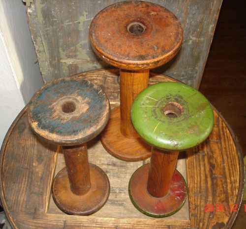 3 AAFA ANTIQUE NY TEXTILE MILL WOOD SPOOLS BITTERSWEET BLUE GREEN CANDLE HOLDERS