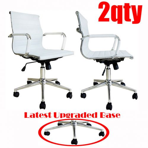 Set of Two 2 WHITE Conference Room Office Chairs Synthetic Leather Swivel Tilt