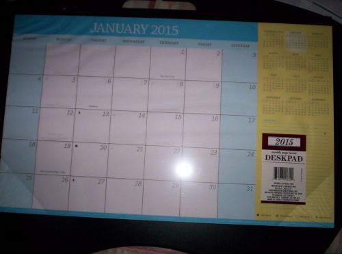 2015 DESK PAD CALENDAR~ BLUE TRIMMINGS~12 MONTH~ 11 &#034; x 17&#034;~ MONTH AT A GLANCE
