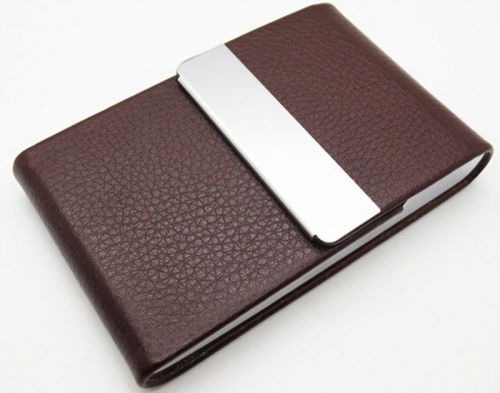 Gift Stainless Steel Leatherette Business Name Card Holder Wallet Box Case Brown