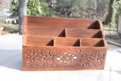 Archana Handicrafts Made in India Wood Desk Organizer Letter Holder White Inlay