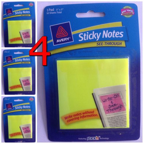 4 Avery Sticky Notes See-Through, 3&#034;x3&#034;,  50/pk - 200 Sheets Post-It Like #22585