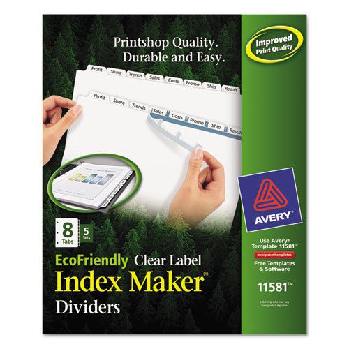 100% Recycled Index Maker Dividers, White 8-Tab, 11 x 8-1/2, 5 Sets/Pack