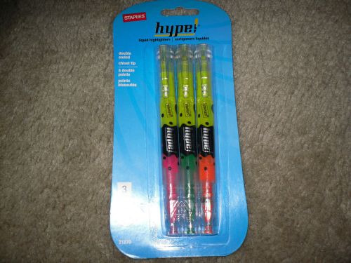 Staples Hype Double Ended Liquid Highlighters Chisel Tip 3 Pack 21270 New!!!