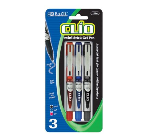 3 pc/pack Clio Asst. Color Jumbo Ink Tank Needle-Tip Mini Gel Pen w/ Metal Clip