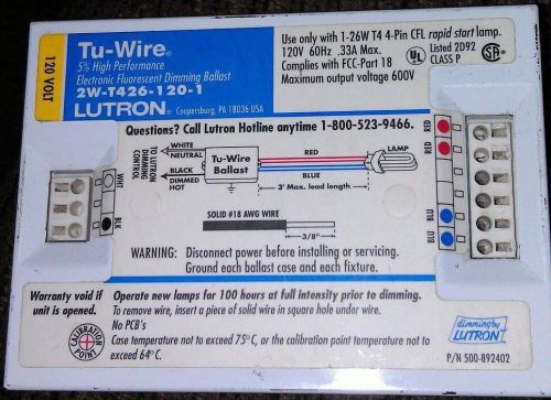 Lutron tu-wire dimming ballast 26w t4 cfl 120v 2w-t426-120-1 for sale