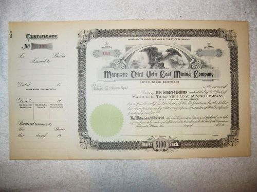 EARLY 1900&#039;s MARQUETTE THIRD VEIN ILLINOIS COAL MINING COMPANY STOCK CERTIFICATE