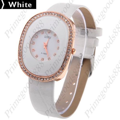 Oval Synthetic Leather Lady Ladies Wrist Quartz Wristwatch Women&#039;s White