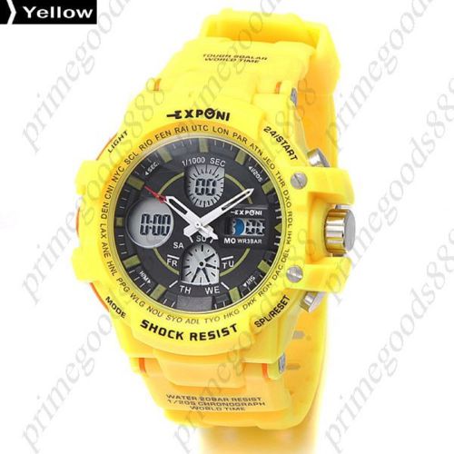 Rubber Band 3ATM 2 Time Zone Date Wrist Men&#039;s Free Shipping Wristwatch Yellow
