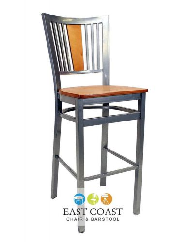 New Steel City Metal Restaurant Bar Stool with Silver Frame &amp; Natural Wood Seat
