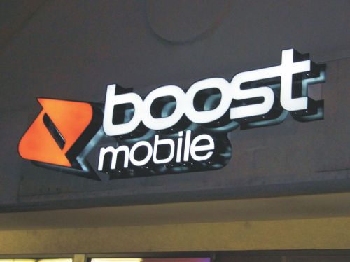 BOOST MOBILE &amp; LOGO 69 x 238&#034; LED Hybrid Letters on backing, Outdoor Sign