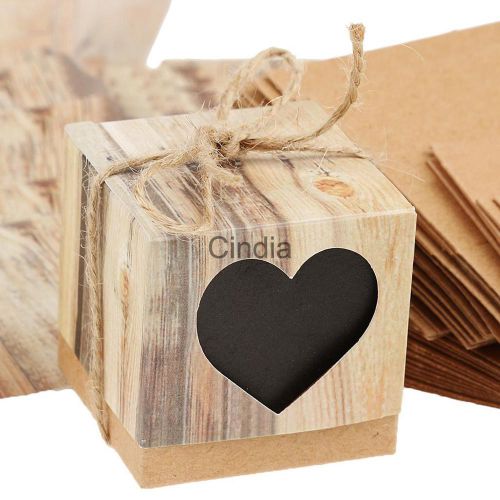 50pcs Hearts in Love Kraft Bark Candy Box Wedding Favor Boxes String Rope