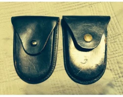 Lot of 2 Vintage Military Police Handcuff Cuff Case Black Leather Brass Snap